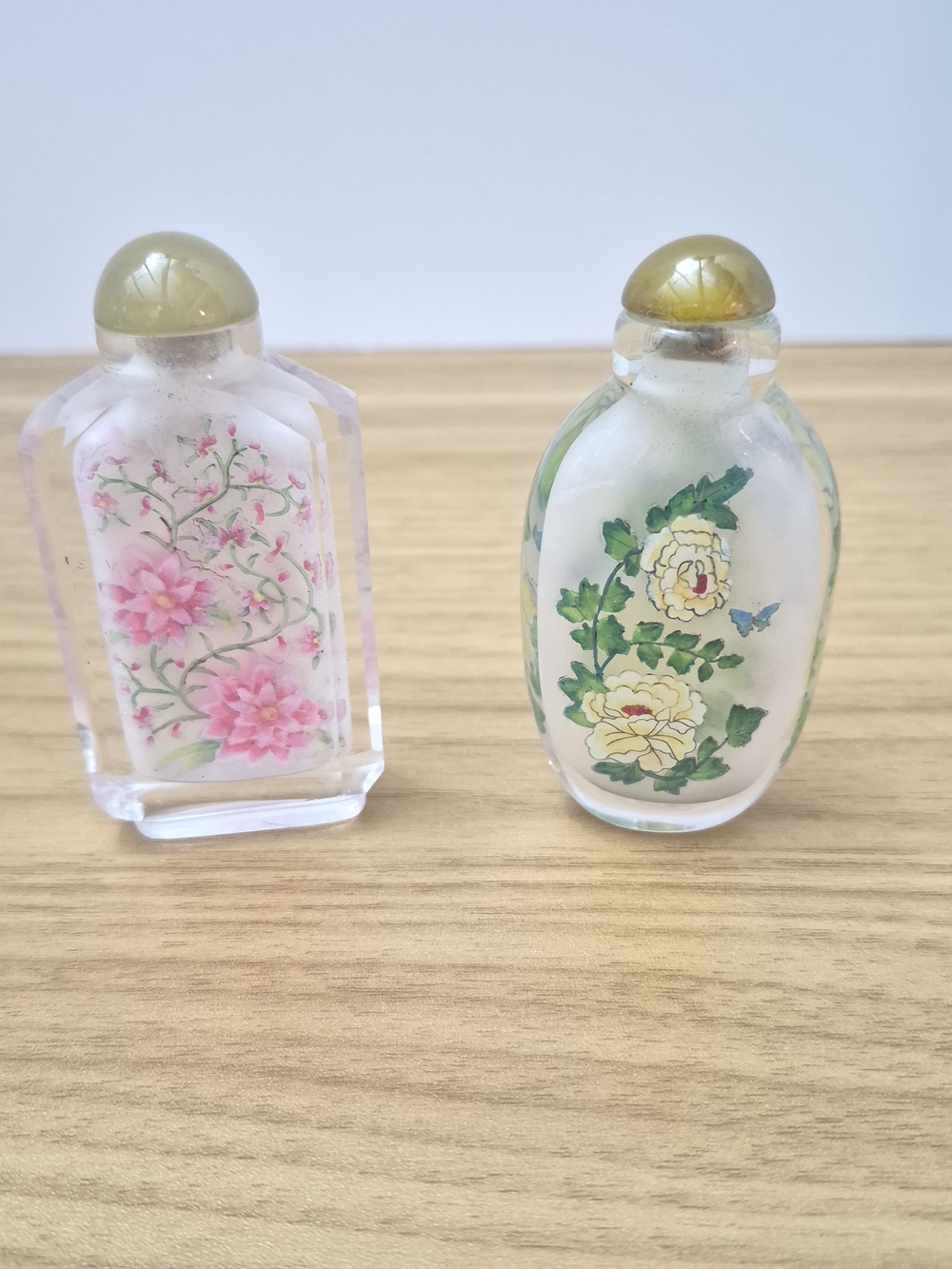 Vintage Inside Painted Chinese Snuff Bottles - Set of 2 Floral Glass